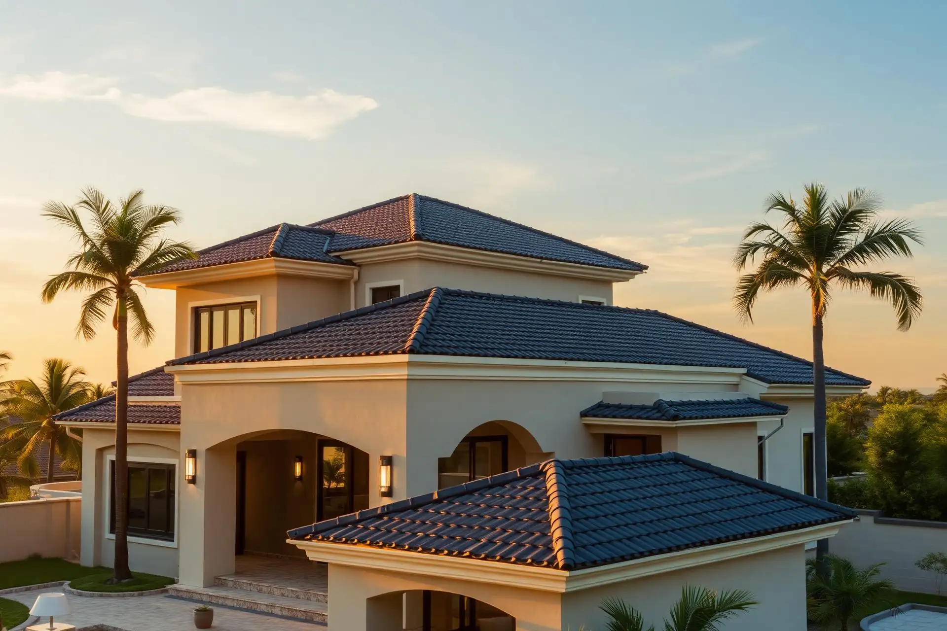 Finished tile roof on a two-storey home at sunset, installed by Great Prince